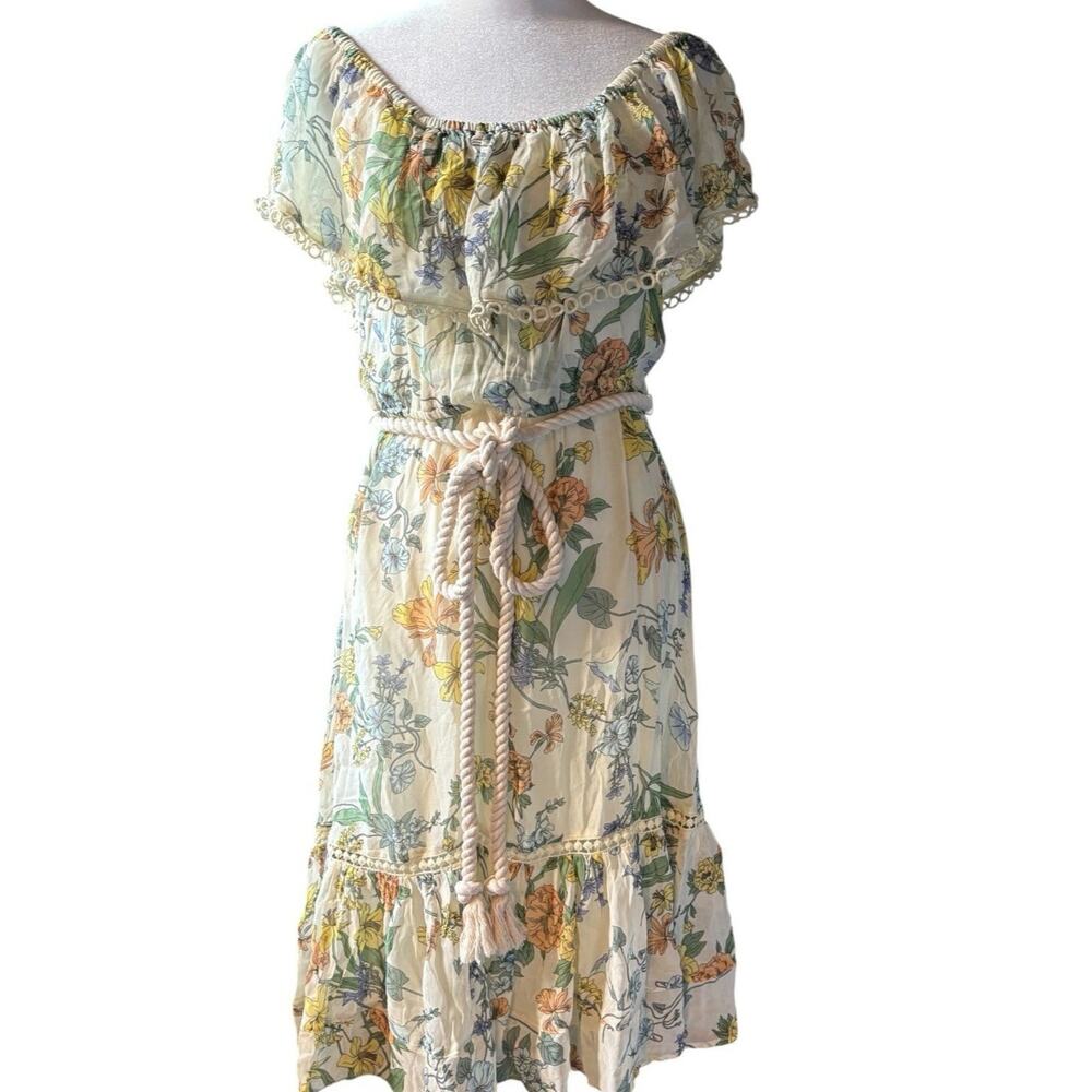 Lucchese Sun Goddess Floral Boho Peasant Dress L Off Shoulder Rope Belt Sheer